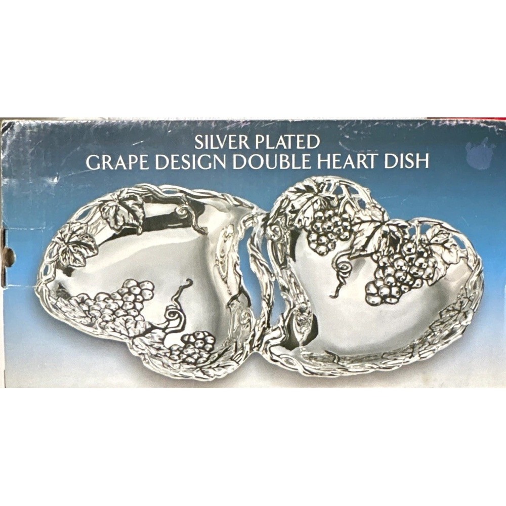 Vintage Godinger Silver Plated Double Heart Dish Grape Design, New in Box
